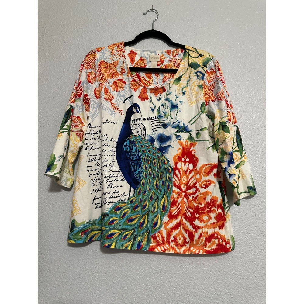 Chicos Peacock Print 3/4 Sleeve Knit Top Size 2 Large Cotton Spandex Colorful